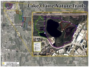 Map of lake claire nature trails at ucf, showing various trail paths in different colors around two lakes, with surrounding campus buildings and roads.